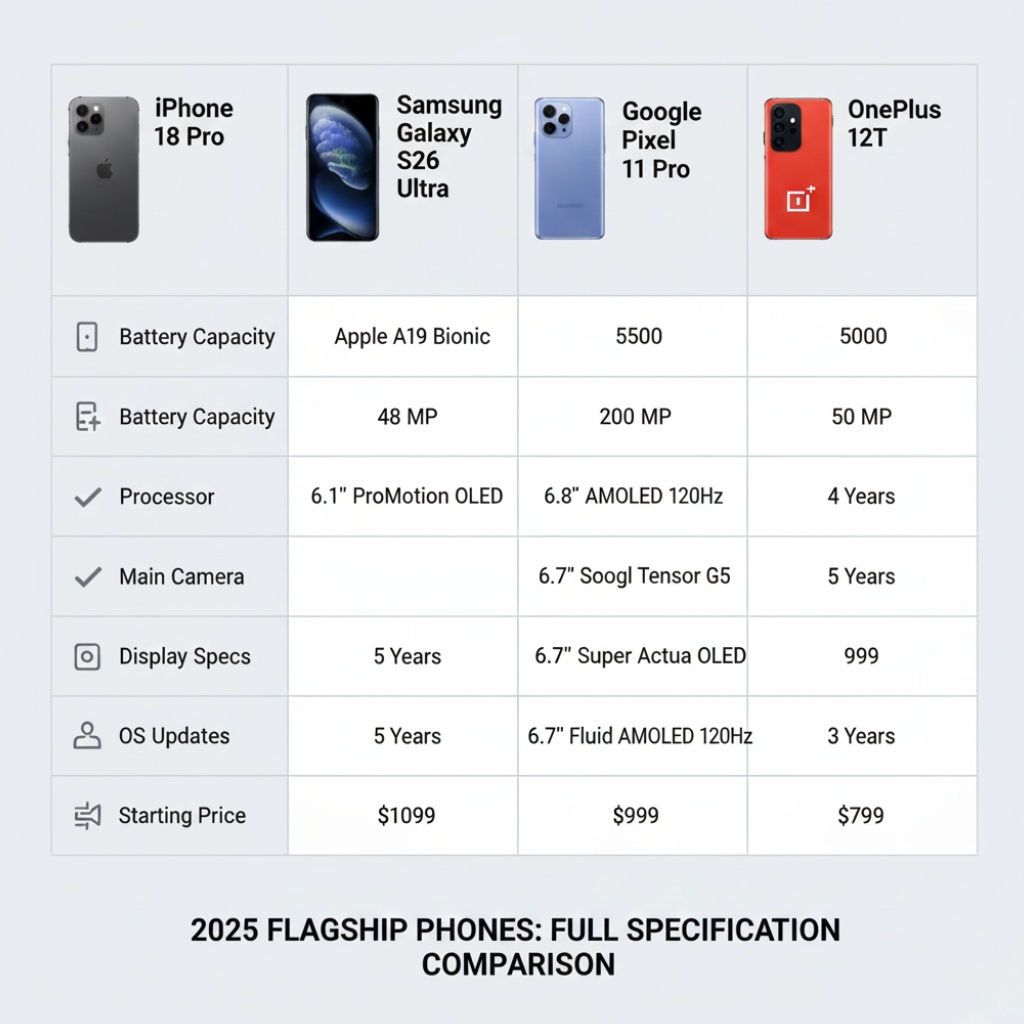 Infographic comparing key specifications and features of 2025 flagship smartphones including battery life, processor, camera specs, and price