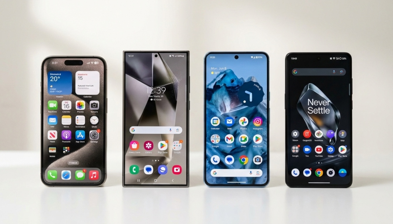 Side by side comparison of flagship smartphones including iPhone 15 Pro Max, Samsung Galaxy S24 Ultra, Google Pixel 8 Pro and OnePlus 12 on white background