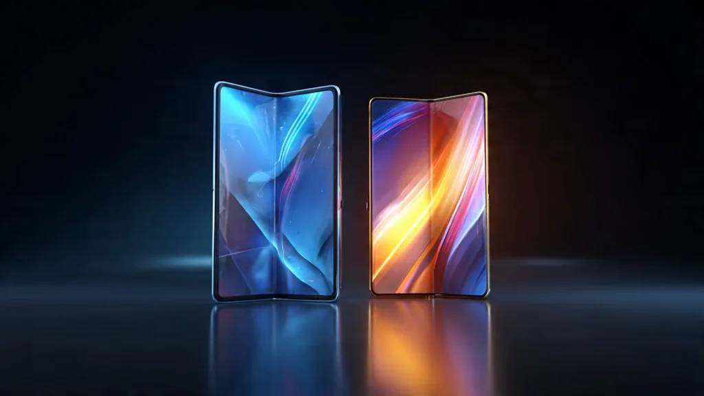 Foldable smartphone displays demonstrating advanced flexible screen technology in both folded and unfolded states