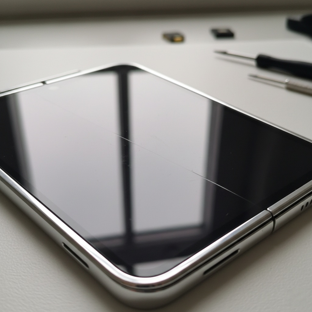 Close-up view of foldable phone hinge mechanism and screen crease in natural lighting