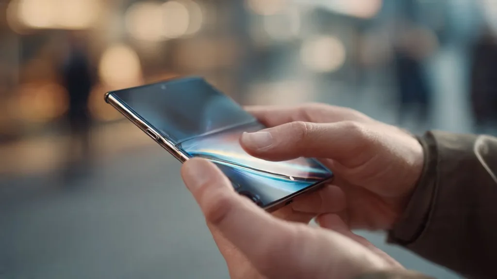 Person holding foldable smartphone demonstrating flexible screen technology and hinge design