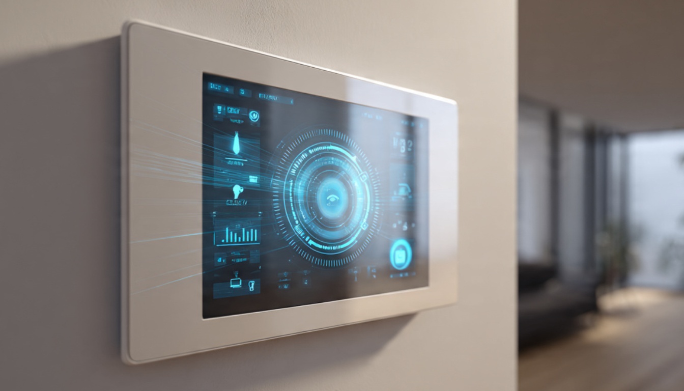 Modern smart home dashboard showing AI-controlled lighting, temperature, and security systems with holographic interface elements