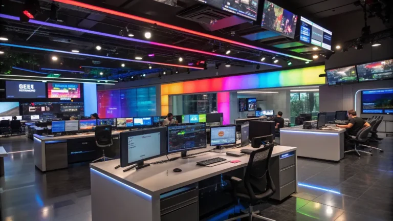 Gaming industry news showing console gaming, esports tournaments, and mobile gaming trends on multiple monitors
