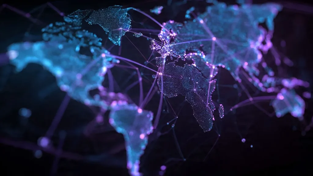 World map visualization showing 5G network coverage areas with illuminated connection points and network paths across continents