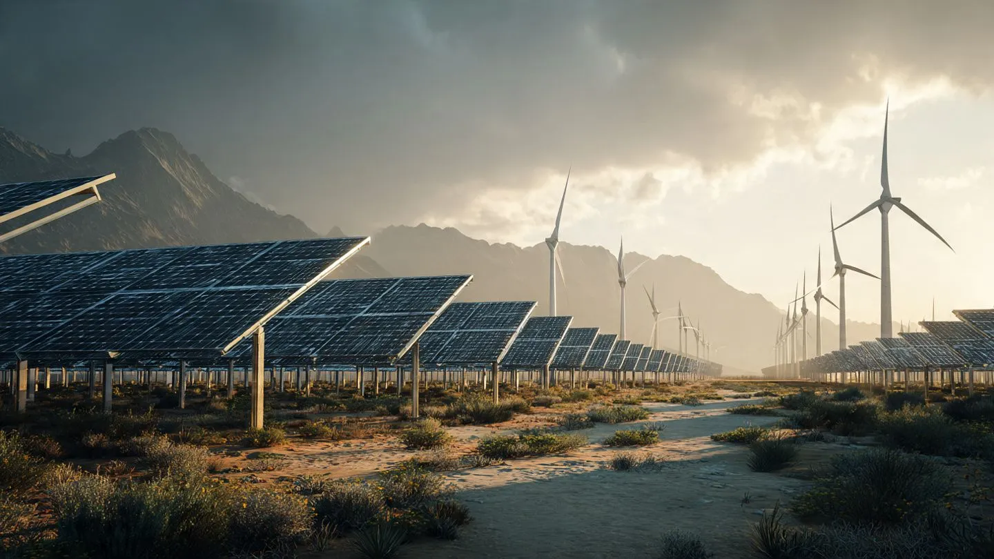 Large-scale solar panel installation with wind turbines generating renewable energy at sunset