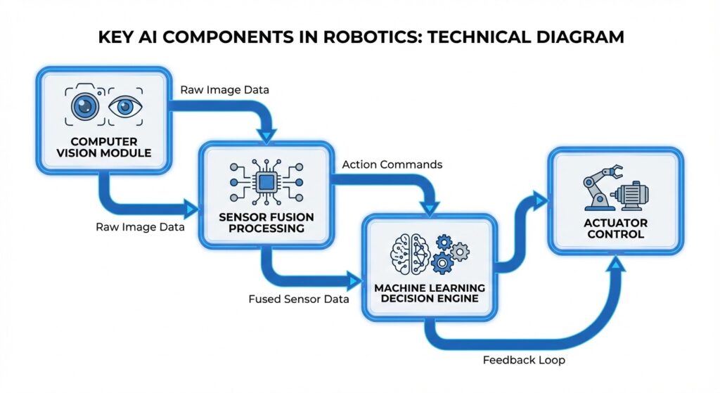 Diagram showing computer vision, machine learning, and sensor fusion in robotic AI systems