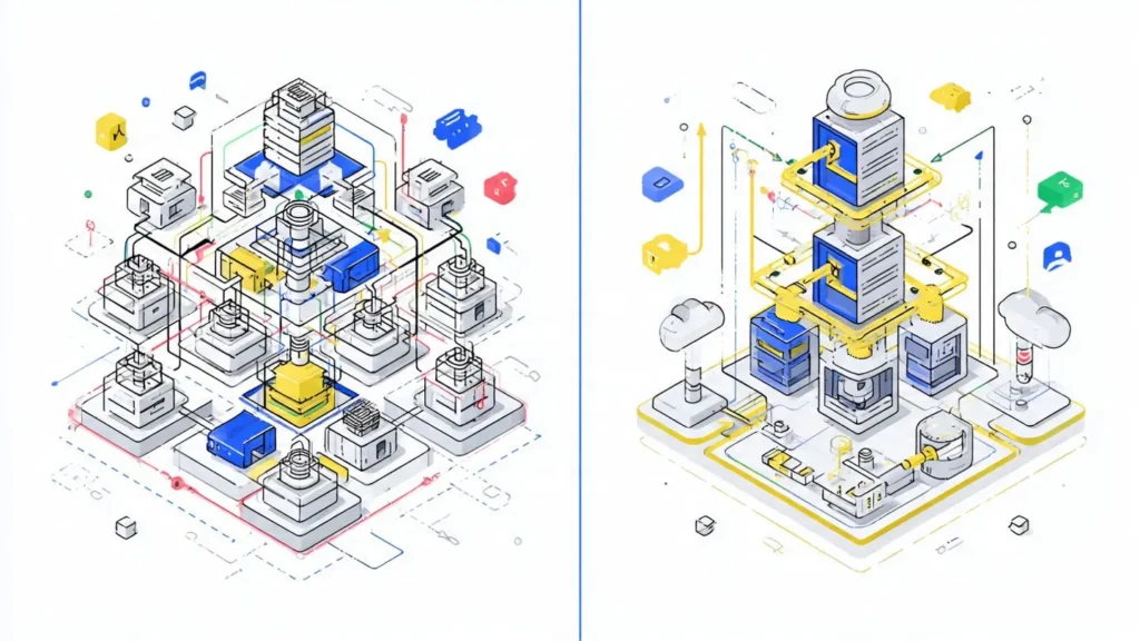 Architecture diagram comparing traditional Kubernetes deployment complexity versus simplified container services like Cloud Run and App Runner
