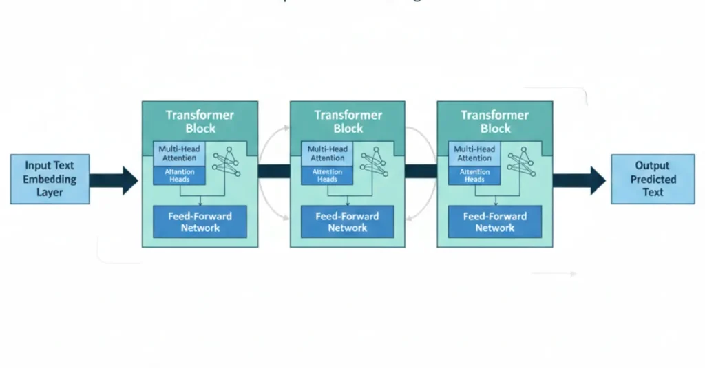 Conceptual diagram showing layers of a large language model with transformer architecture and attention mechanisms