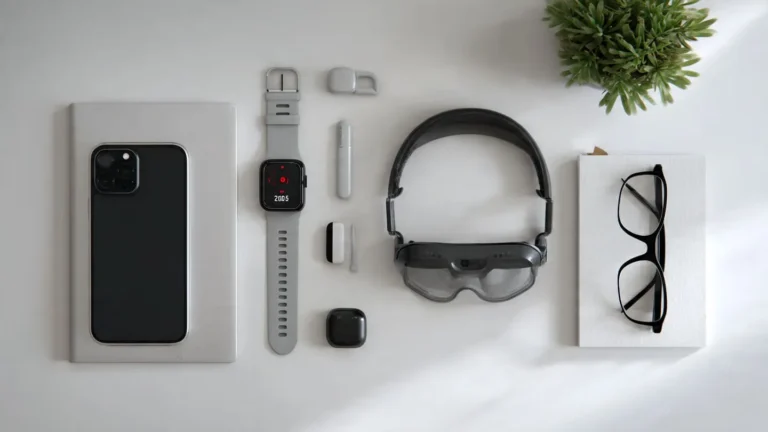 Collection of 2025's most innovative gadgets including foldable phone, smart glasses, wireless headphones and smartwatch arranged on desk