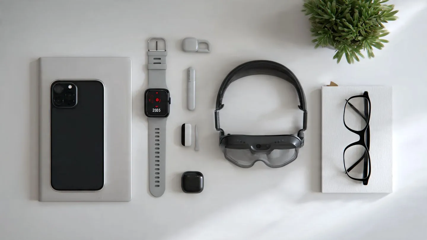 Collection of 2025's most innovative gadgets including foldable phone, smart glasses, wireless headphones and smartwatch arranged on desk