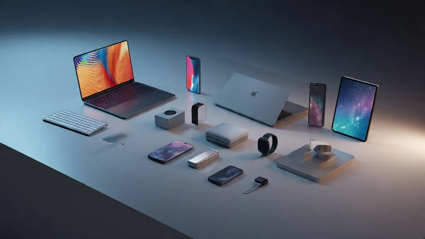 Collection of new tech products including smartphones, laptops, and wearable devices displayed on modern desk