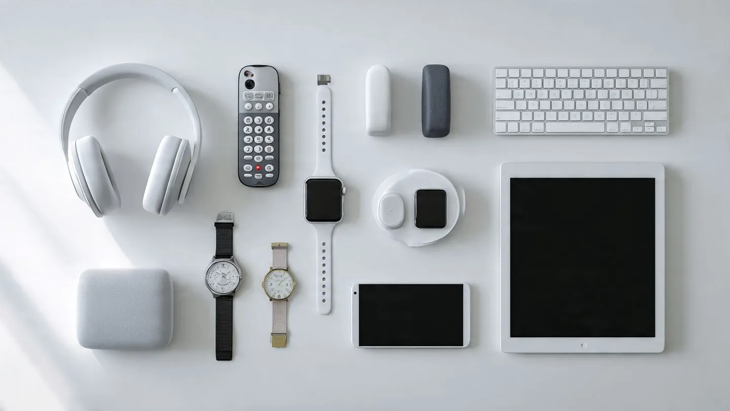 Collection of modern consumer electronics including wireless headphones, smartphone, tablet, and smart home devices arranged on white background