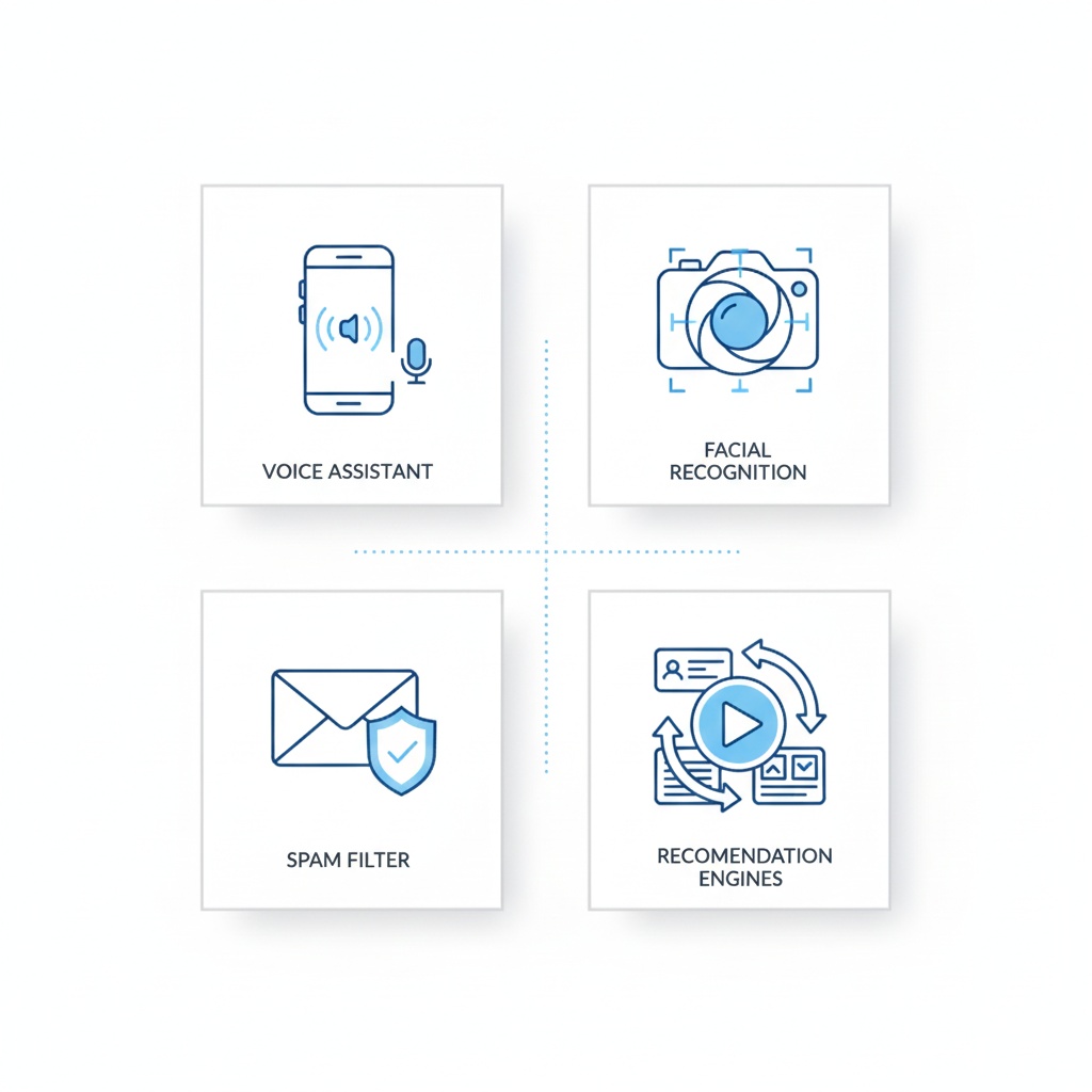 Visual representation of narrow AI applications including voice assistants, image recognition, spam filters, and recommendation systems