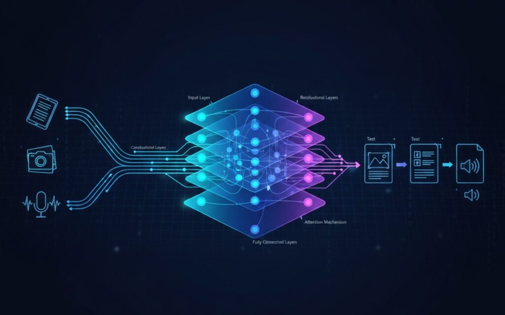 Conceptual diagram showing interconnected neural network architecture with multiple AI research pathways and data flows