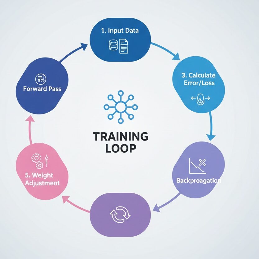 Flowchart showing the iterative training process of deep learning models from data input to optimization