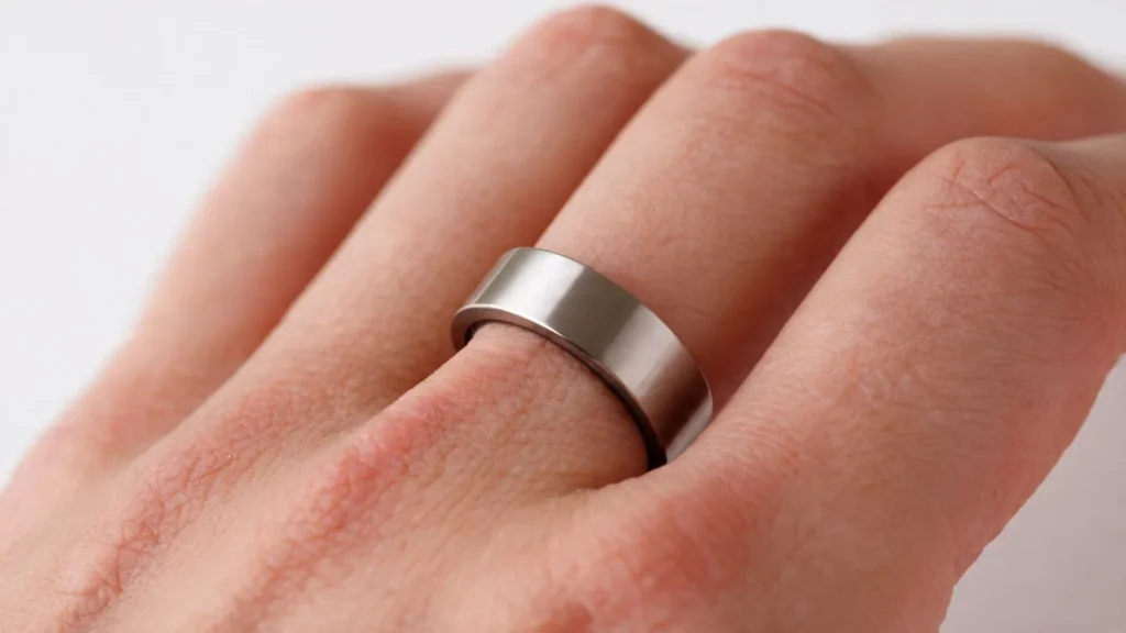 Minimalist smart ring for health tracking worn on finger, showing discrete wearable technology design