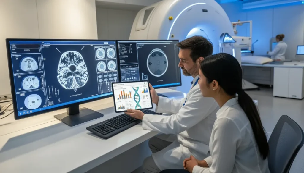 Doctor showing patient personalized AI-generated treatment recommendations based on genetic data