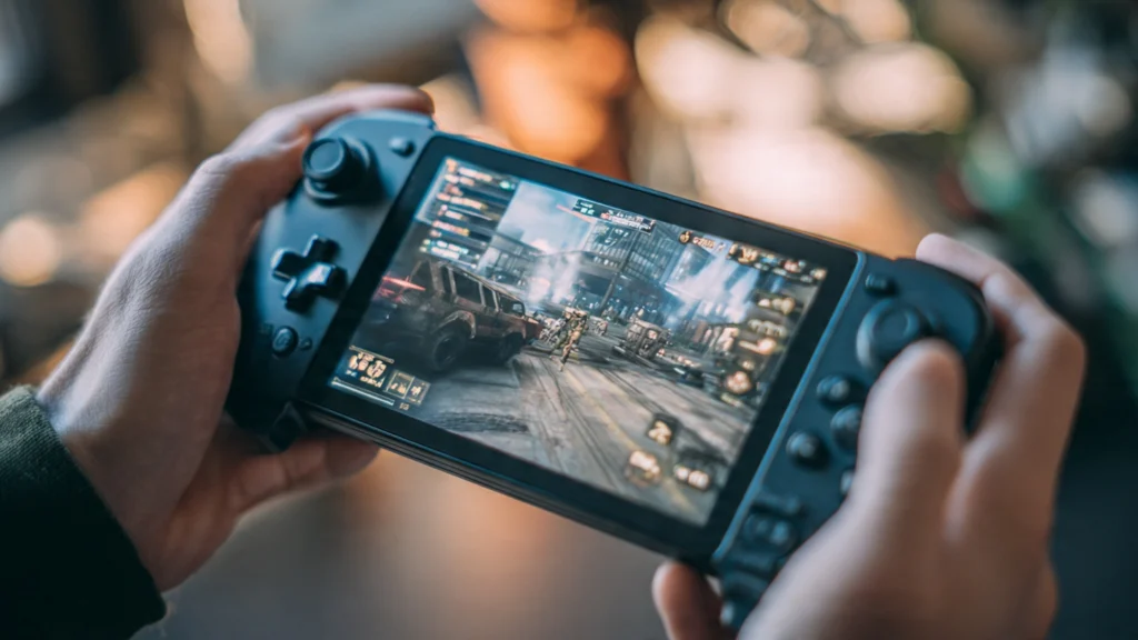 Gamer using portable gaming handheld console to play modern video game