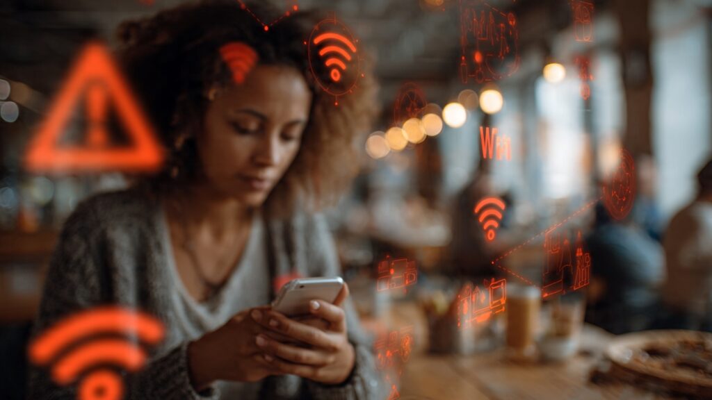 Person using smartphone in coffee shop with visual warning symbols about unsecured public WiFi network risks
