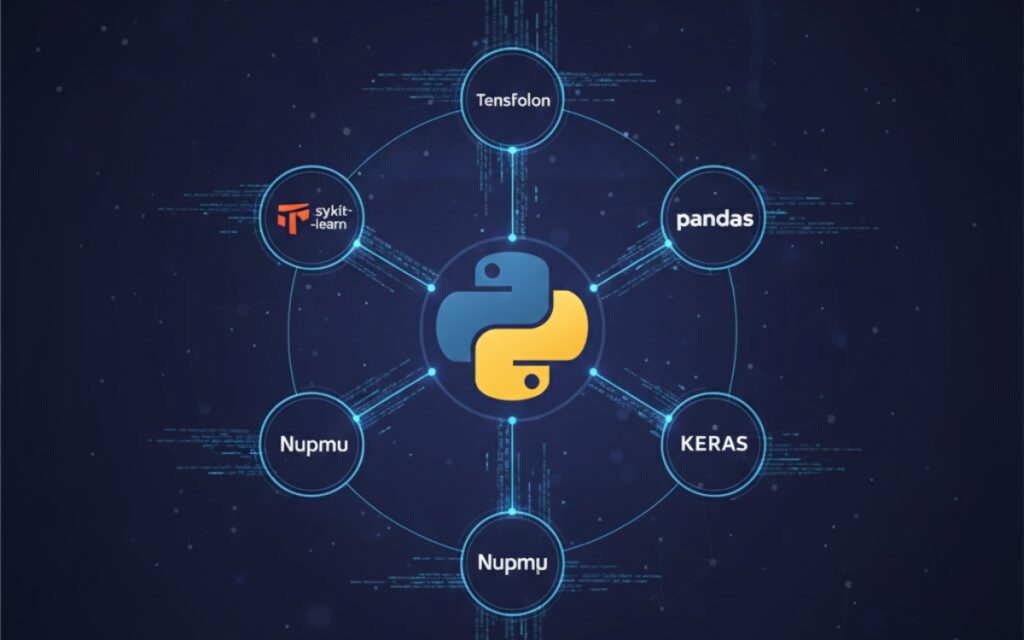 Diagram showing Python's AI and machine learning library ecosystem including TensorFlow, PyTorch, scikit-learn, pandas, and NumPy with interconnections