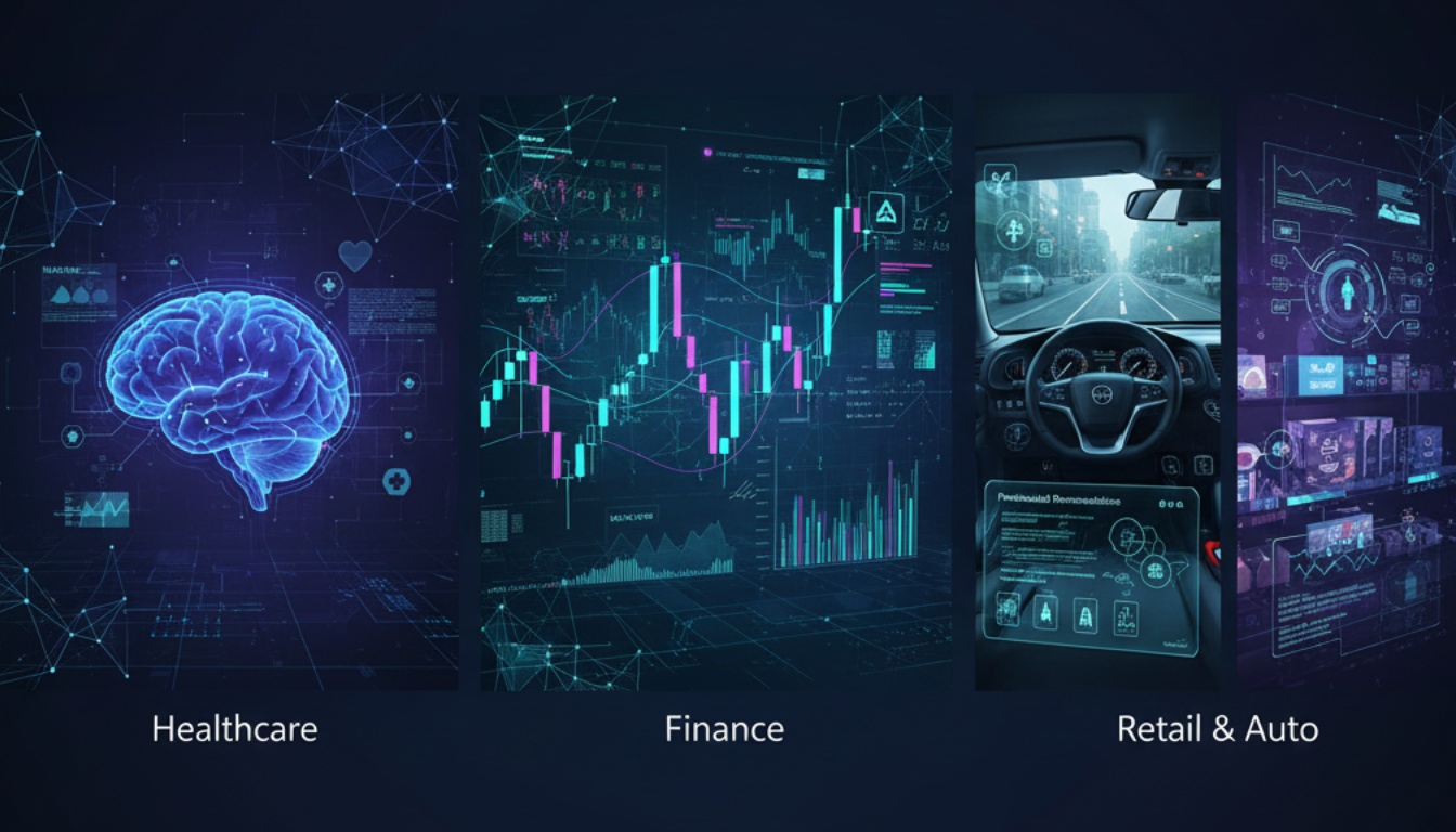 Visual representation of AI technology being used in various industries including healthcare, finance, retail, and transportation with data visualization elements