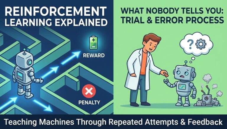 Visual representation of reinforcement learning cycle showing agent, environment, actions, and rewards in a continuous feedback loop
