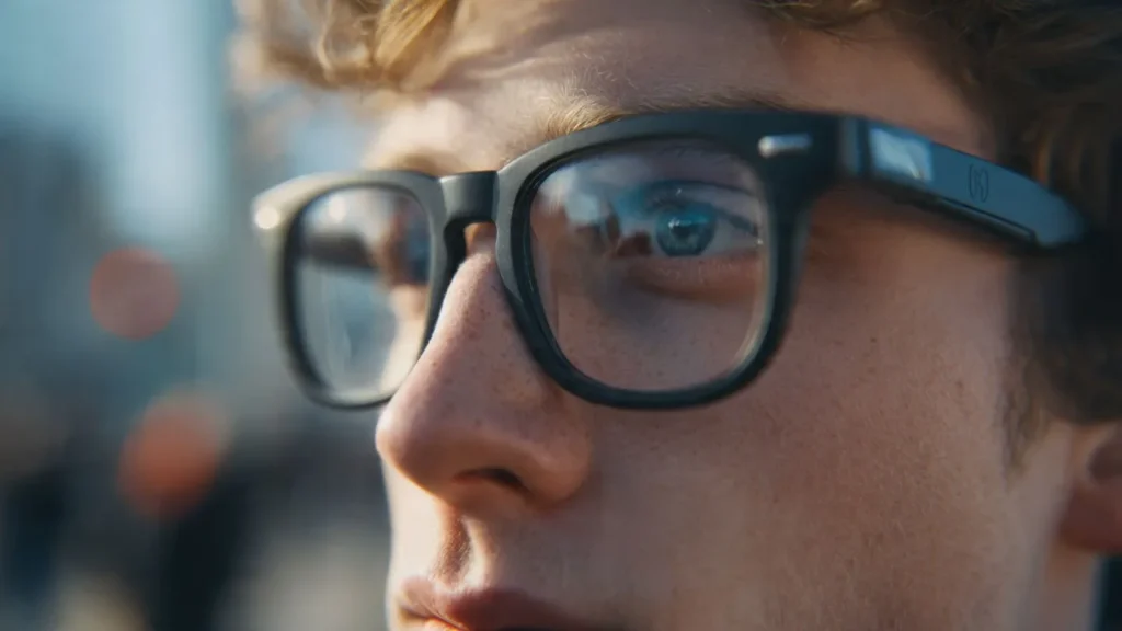 Person wearing smart AR glasses that look like regular sunglasses, demonstrating mainstream wearable technology adoption