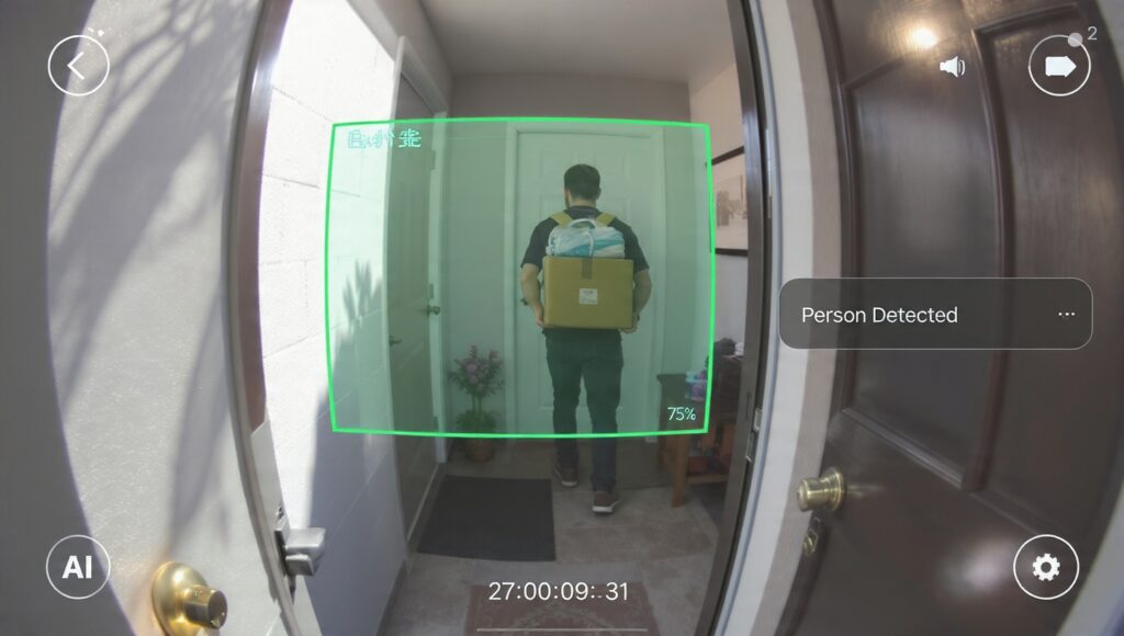 AI-enabled security camera with person detection overlay identifying a visitor at the front door