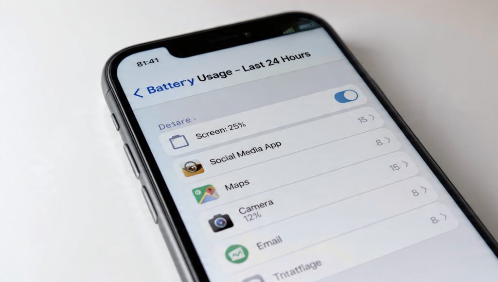 Android or iPhone battery settings screen displaying which apps consume the most battery power with percentage breakdowns