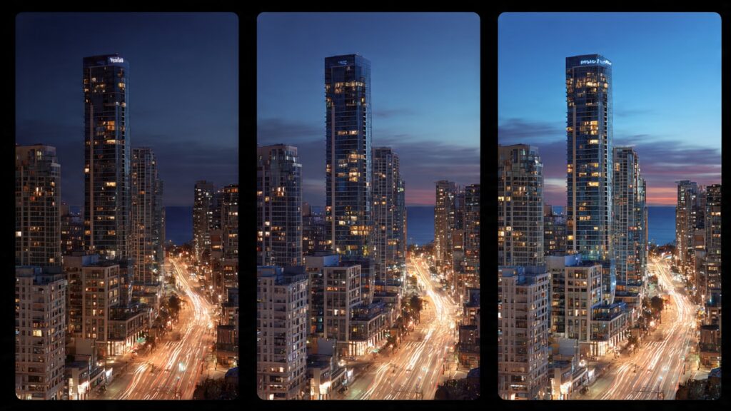 Side by side night photography comparison showing camera quality differences between flagship smartphones