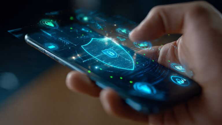Hand holding smartphone with digital security lock icons and shield protecting against cyber threats and hacking attempts