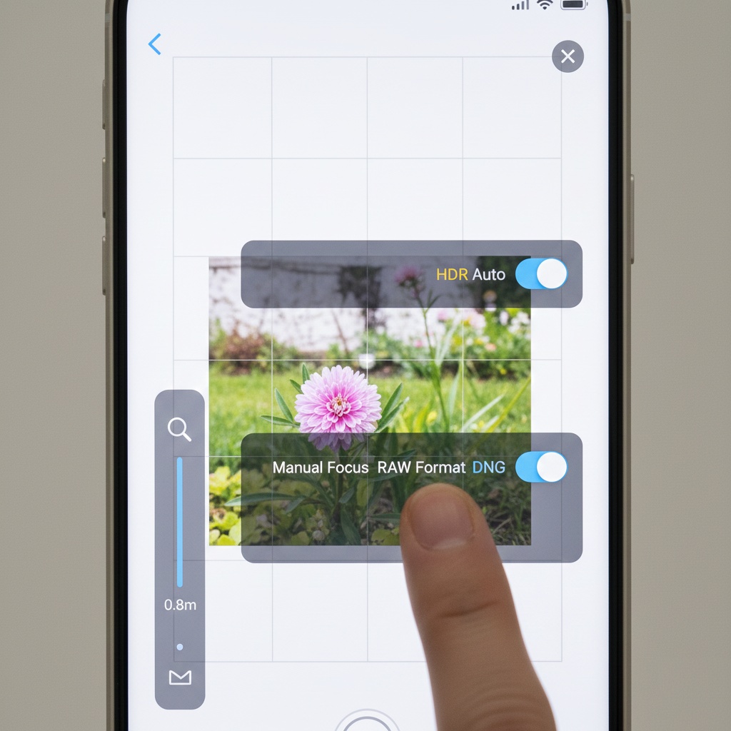 Close-up of smartphone camera app interface displaying grid lines, HDR settings, and RAW format toggle