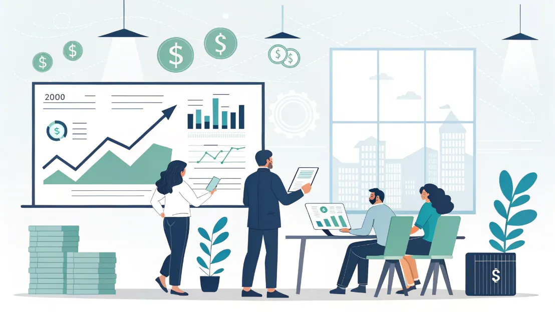 Modern illustration showing venture capital investment flow with startup founders reviewing funding documents and growth charts