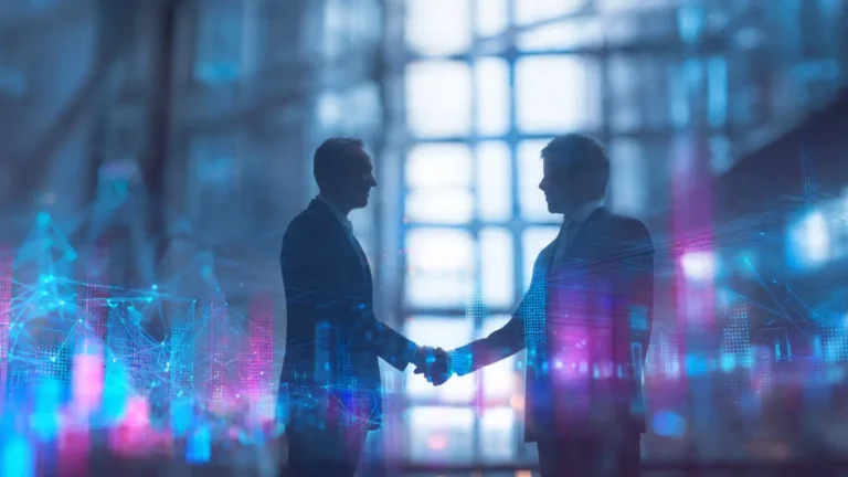 Business professionals shaking hands over digital technology merger deal with glowing network connections and data visualization in background