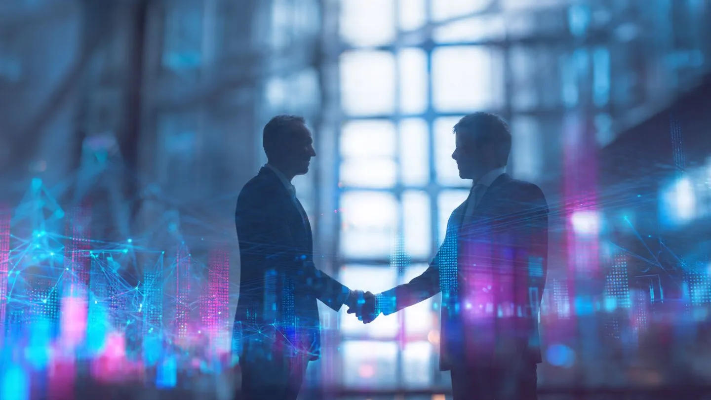 Business professionals shaking hands over digital technology merger deal with glowing network connections and data visualization in background