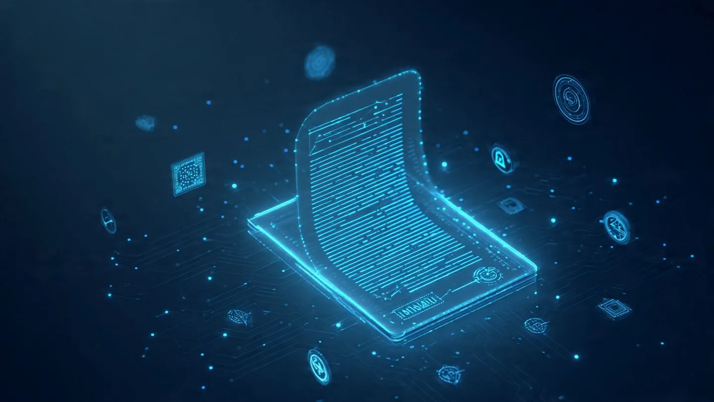 Illustration of digital patent document surrounded by technology icons representing AI, quantum computing, and security innovations