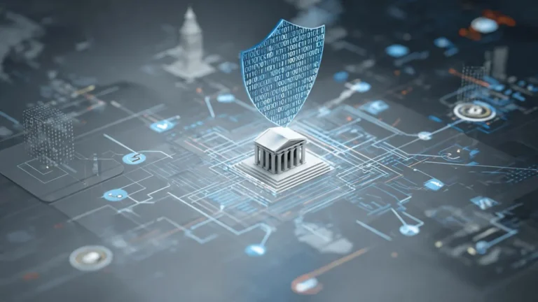 Illustration of technology regulation symbols including digital shields, government compliance icons, and data protection elements representing modern tech policy landscape
