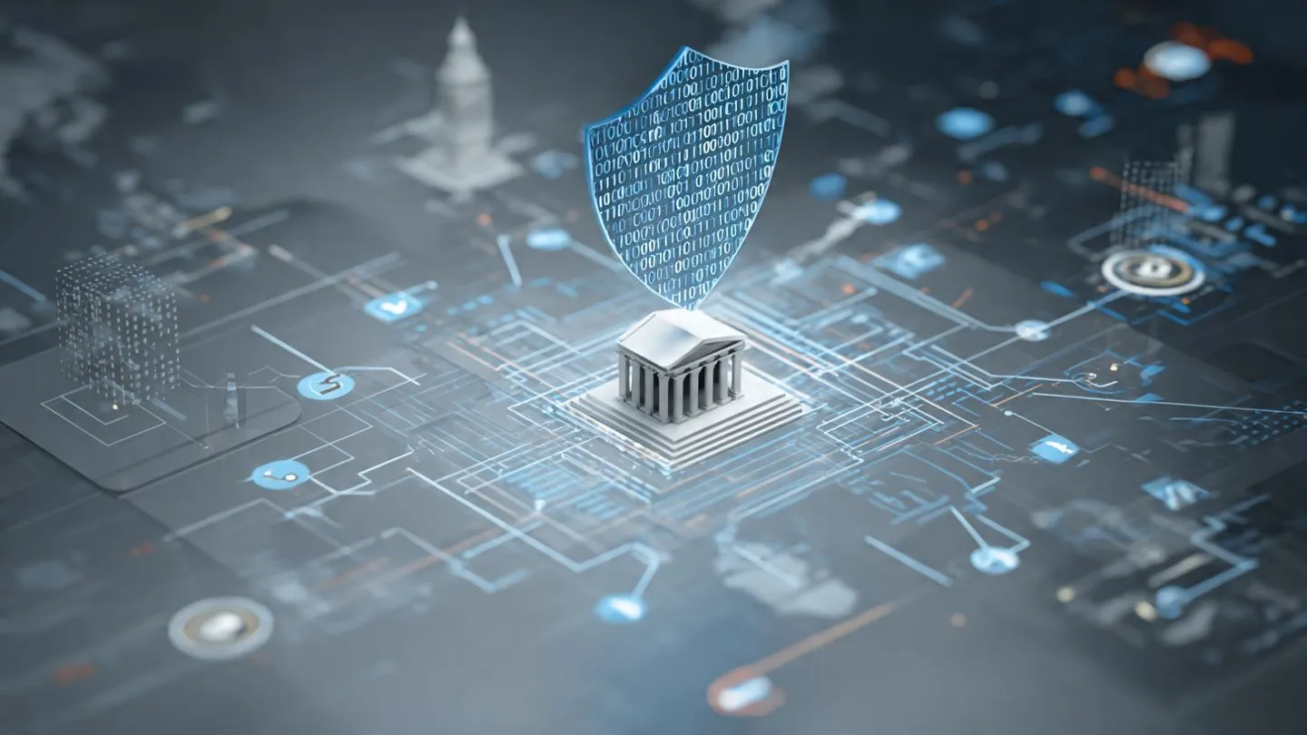 Illustration of technology regulation symbols including digital shields, government compliance icons, and data protection elements representing modern tech policy landscape