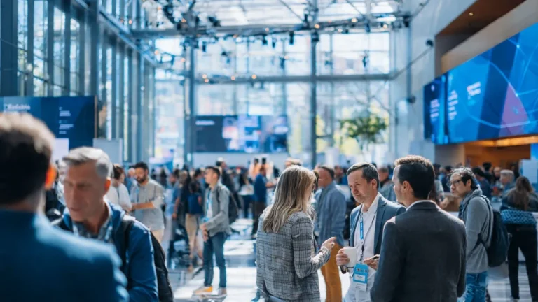 Attendees engaging in conversations at a technology conference with laptops and presentation screens visible in the background