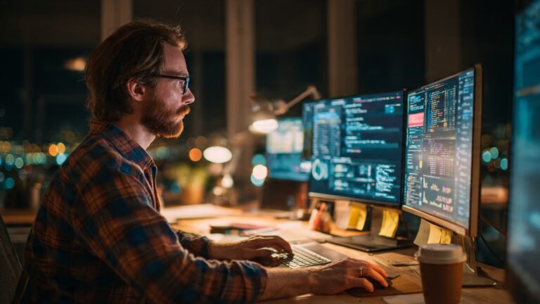 Developer looking at complex code and data visualizations showing AI model training challenges and errors