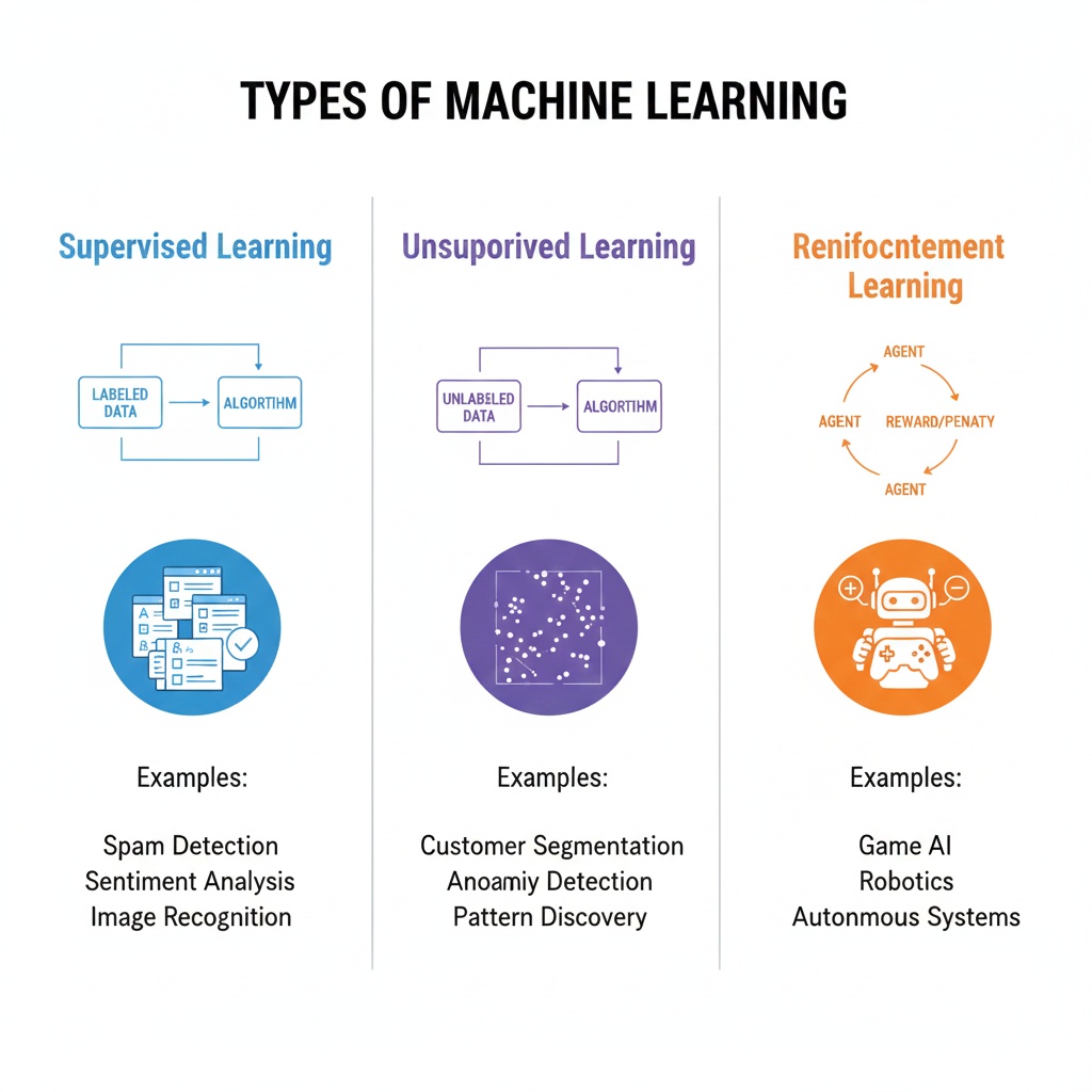 Comparison chart showing supervised learning, unsupervised learning, and reinforcement learning with visual examples and use cases for each type