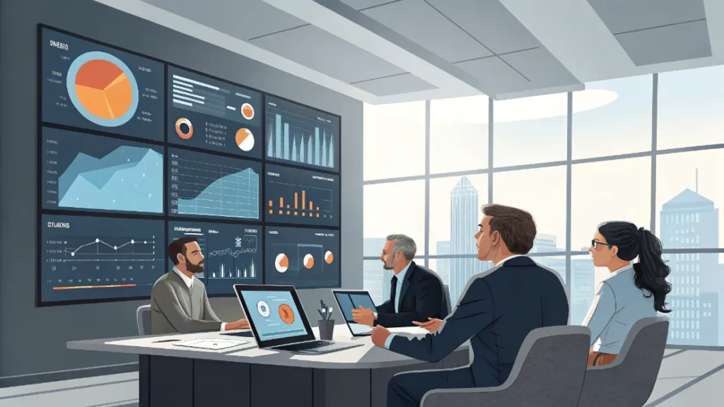 Business illustration of VC partners analyzing startup metrics and making investment decisions