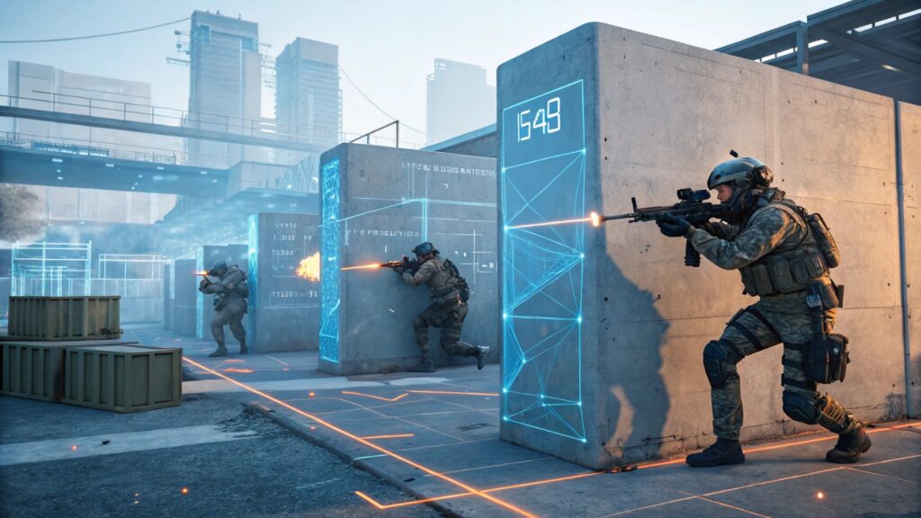 First-person shooter game screenshot showing enemy AI taking cover positions with tactical behavior indicators and pathfinding lines visible