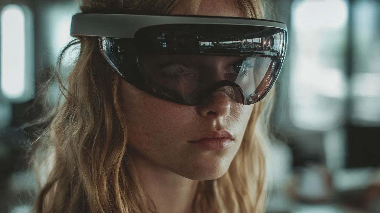 Person wearing VR headset with holographic AR interface overlays in professional workspace