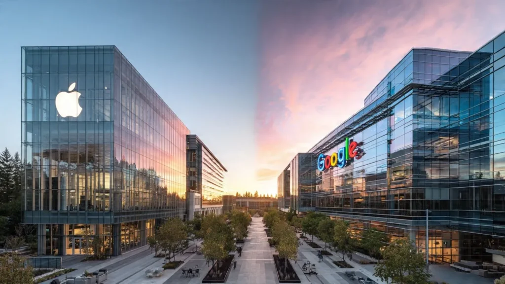 Side-by-side comparison of Apple, Microsoft, and Google corporate headquarters showcasing leading tech company campuses