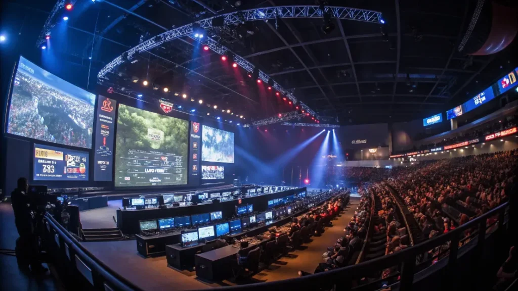 Professional esports tournament arena showing competitive gaming championship with large audience