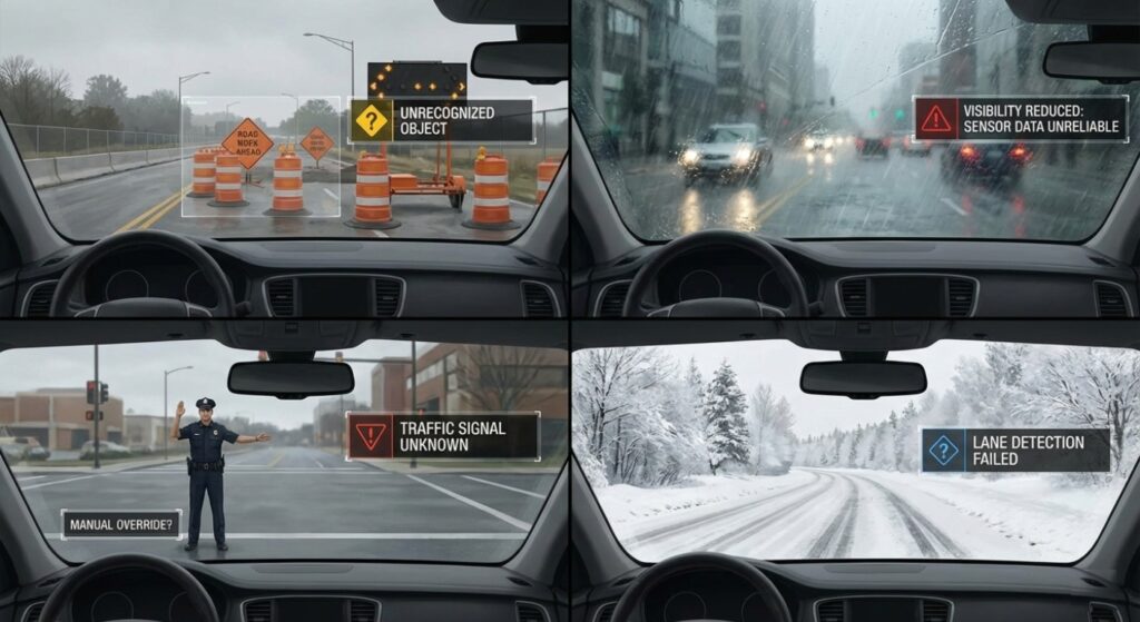 Split-screen showing difficult driving conditions for self-driving cars including construction zones, heavy rain, hand signals, and unmarked roads