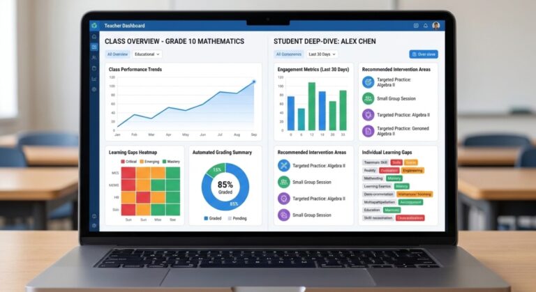 Teacher viewing AI analytics dashboard displaying student performance metrics, learning gaps, and automated grading insights across multiple subjects