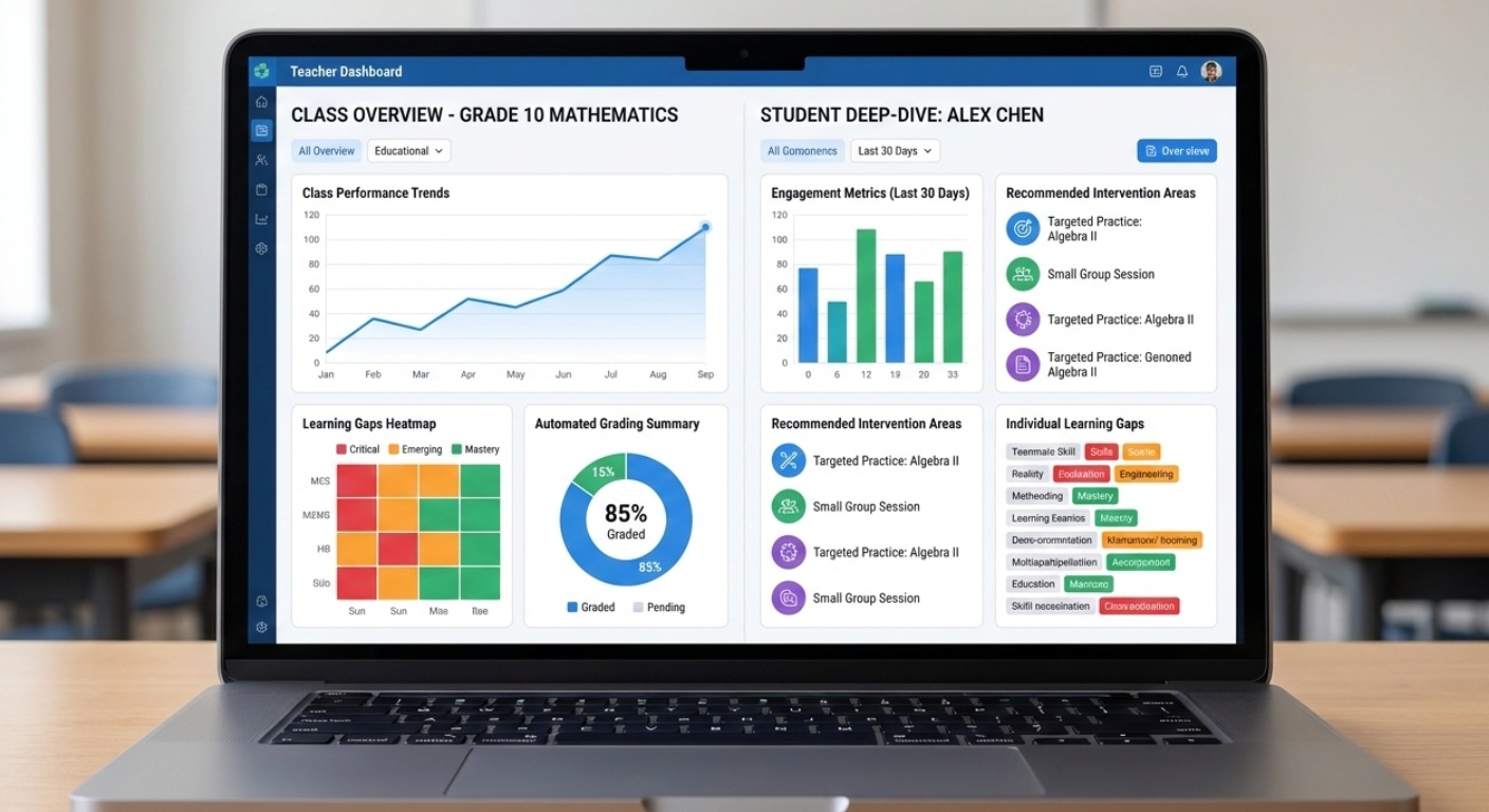 Teacher viewing AI analytics dashboard displaying student performance metrics, learning gaps, and automated grading insights across multiple subjects