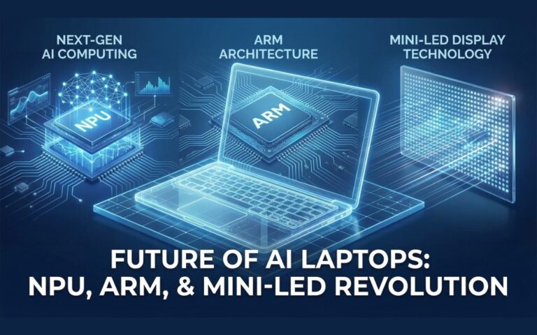 Modern laptop displaying NPU chip, ARM processor, and Mini-LED display technology representing 2026 computer trends
